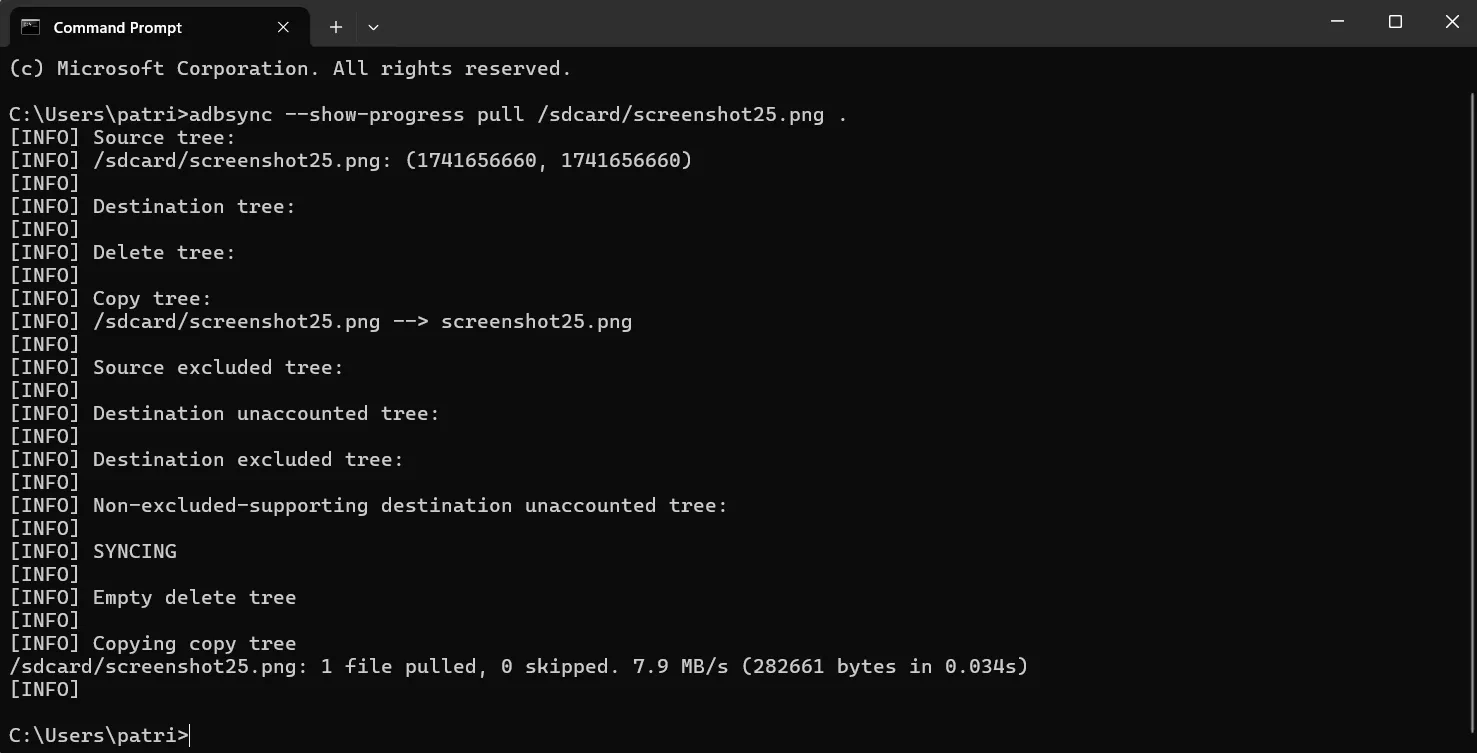 Giao diện dòng lệnh hiển thị tiến độ đồng bộ hóa file giữa điện thoại Android và máy tính bằng better-adb-sync.