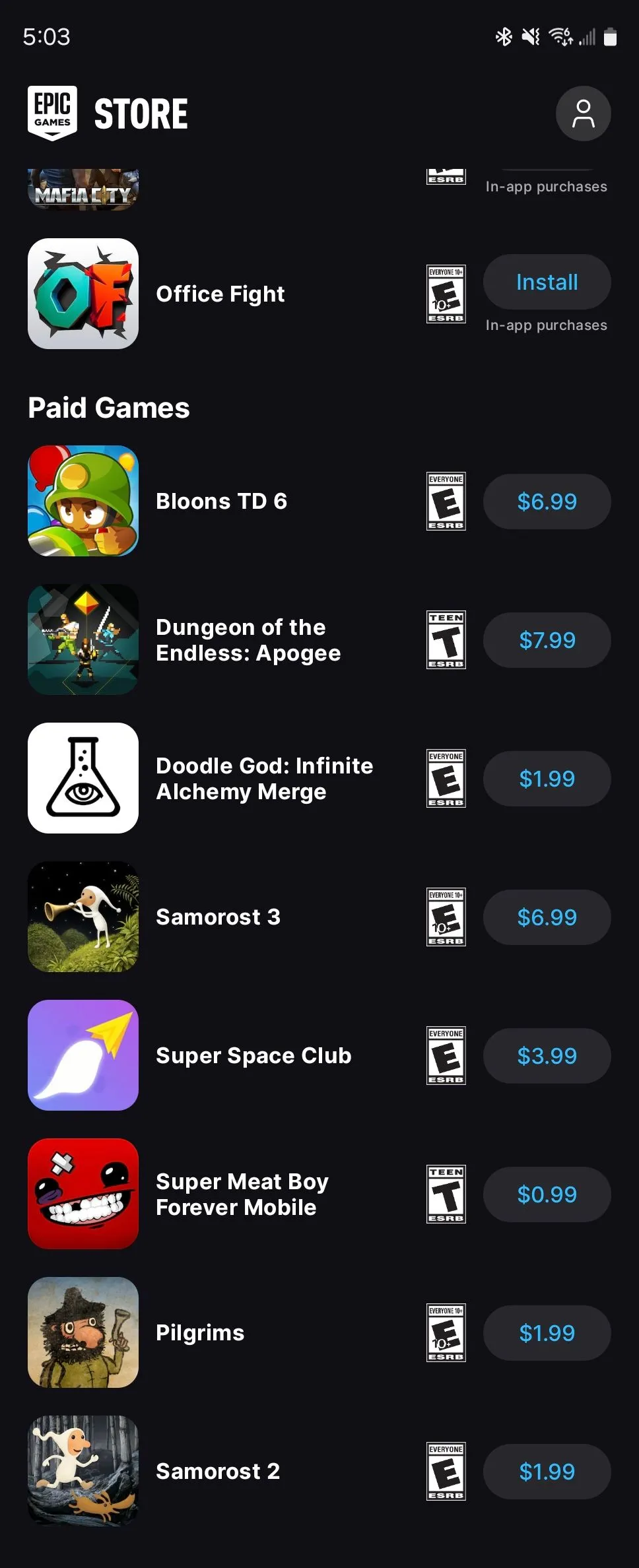 Giao diện duyệt game trên Epic Games Store Android, cho thấy các lựa chọn game được Epic đề xuất.
