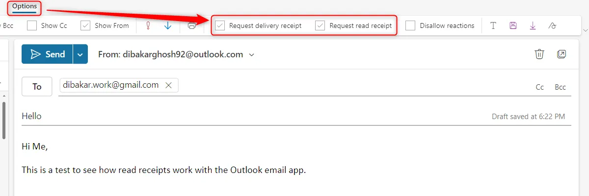 Giao diện email Outlook đang gửi thư với các tùy chọn &quot;yêu cầu xác nhận đã đọc&quot; và &quot;yêu cầu xác nhận đã gửi&quot; được bật, cho thấy cách kích hoạt tính năng trong ứng dụng.