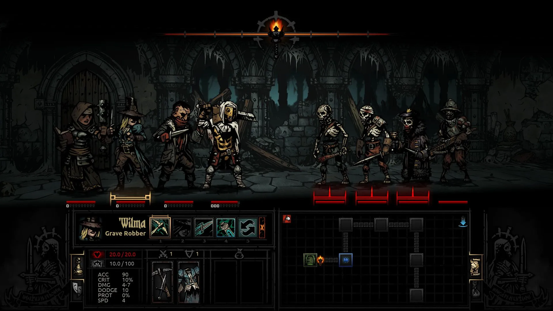 Giao diện gameplay Darkest Dungeon, thể hiện tính chiến thuật phức tạp và thách thức.