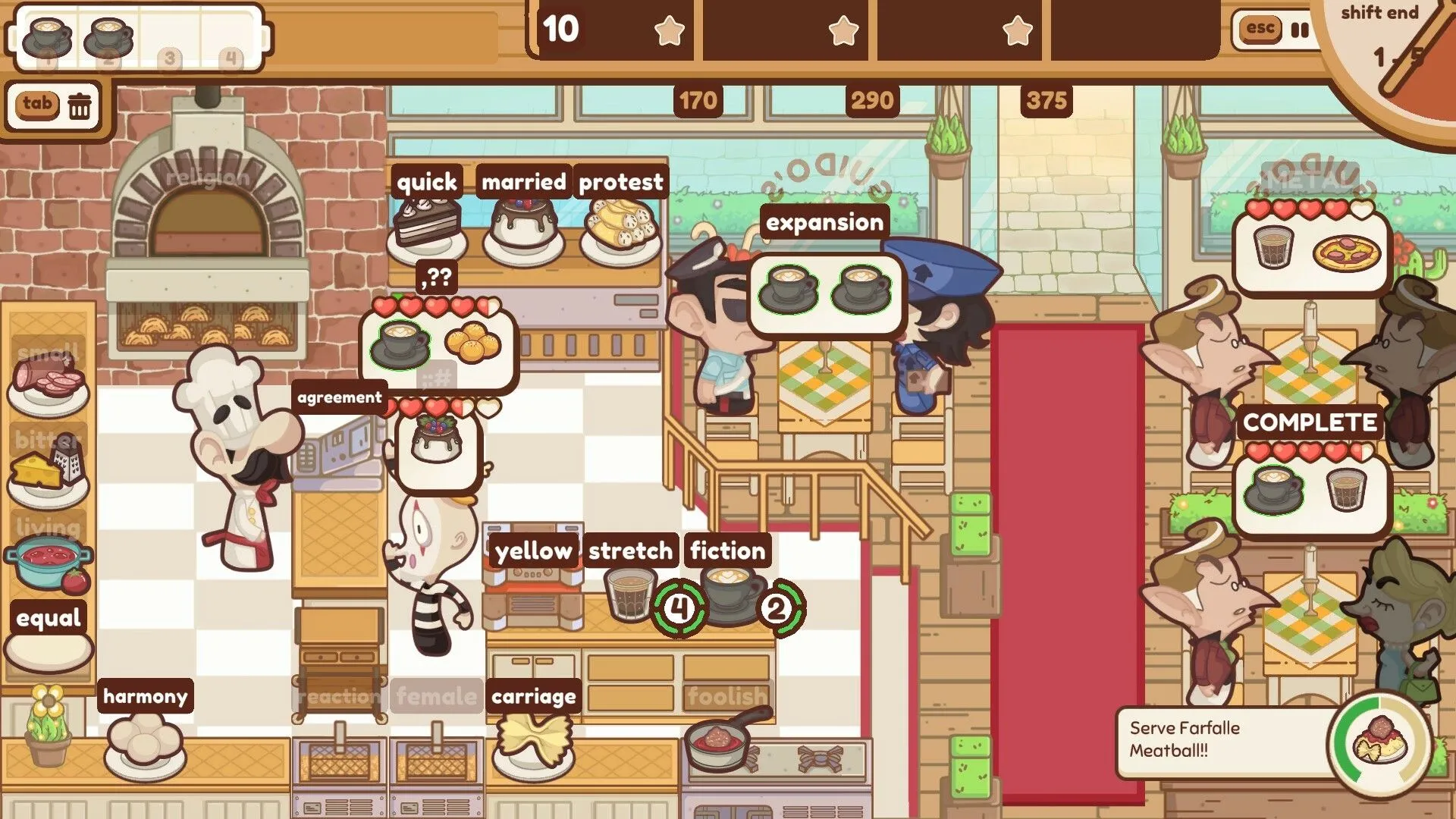 Giao diện gameplay The Chef's Shift, nơi người chơi quản lý nhà hàng bằng cách gõ phím để chuẩn bị món ăn.