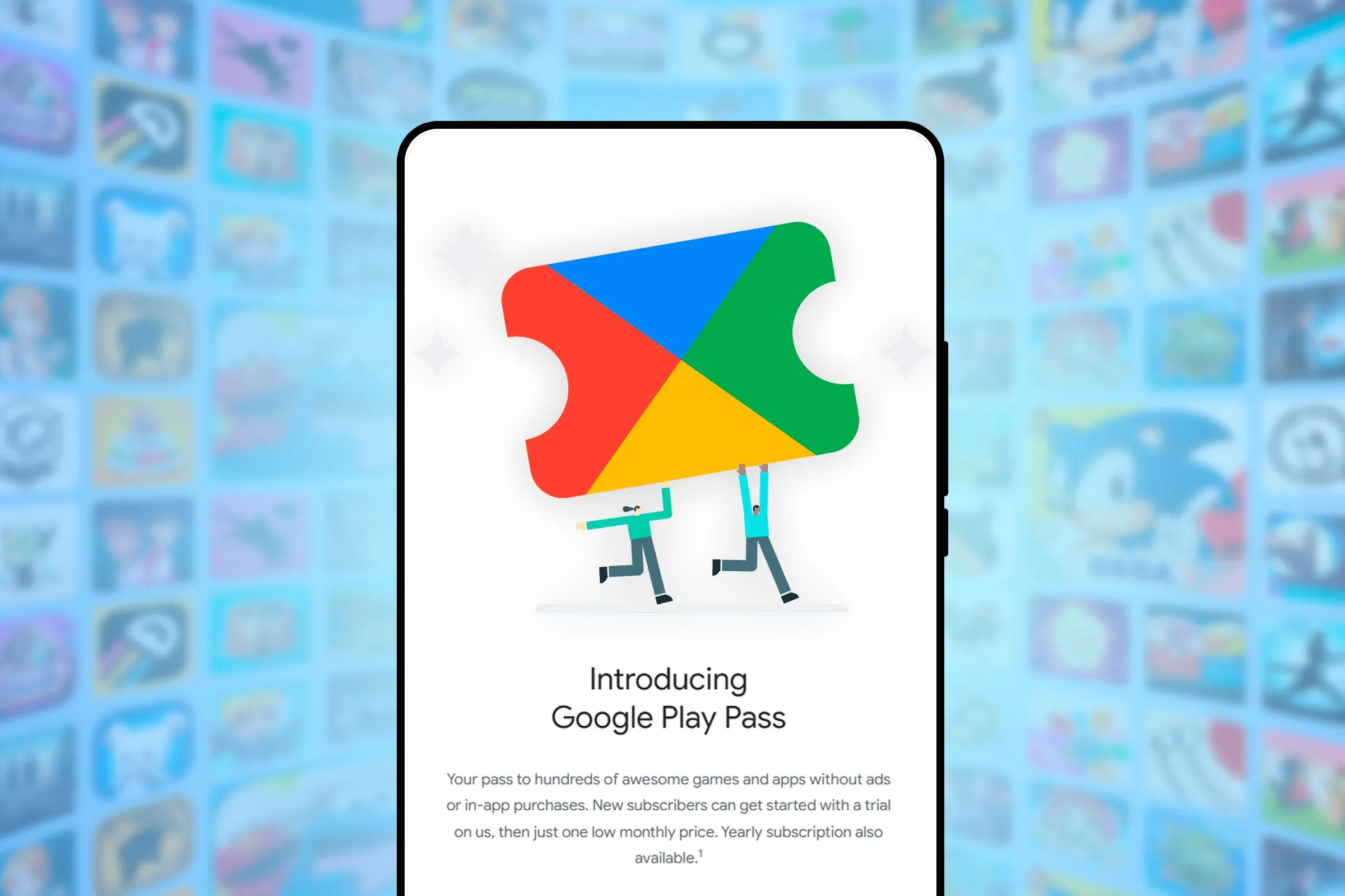 Giao diện Google Play Pass trên màn hình điện thoại thông minh, minh họa dịch vụ chơi game không quảng cáo và không mua sắm trong ứng dụng.