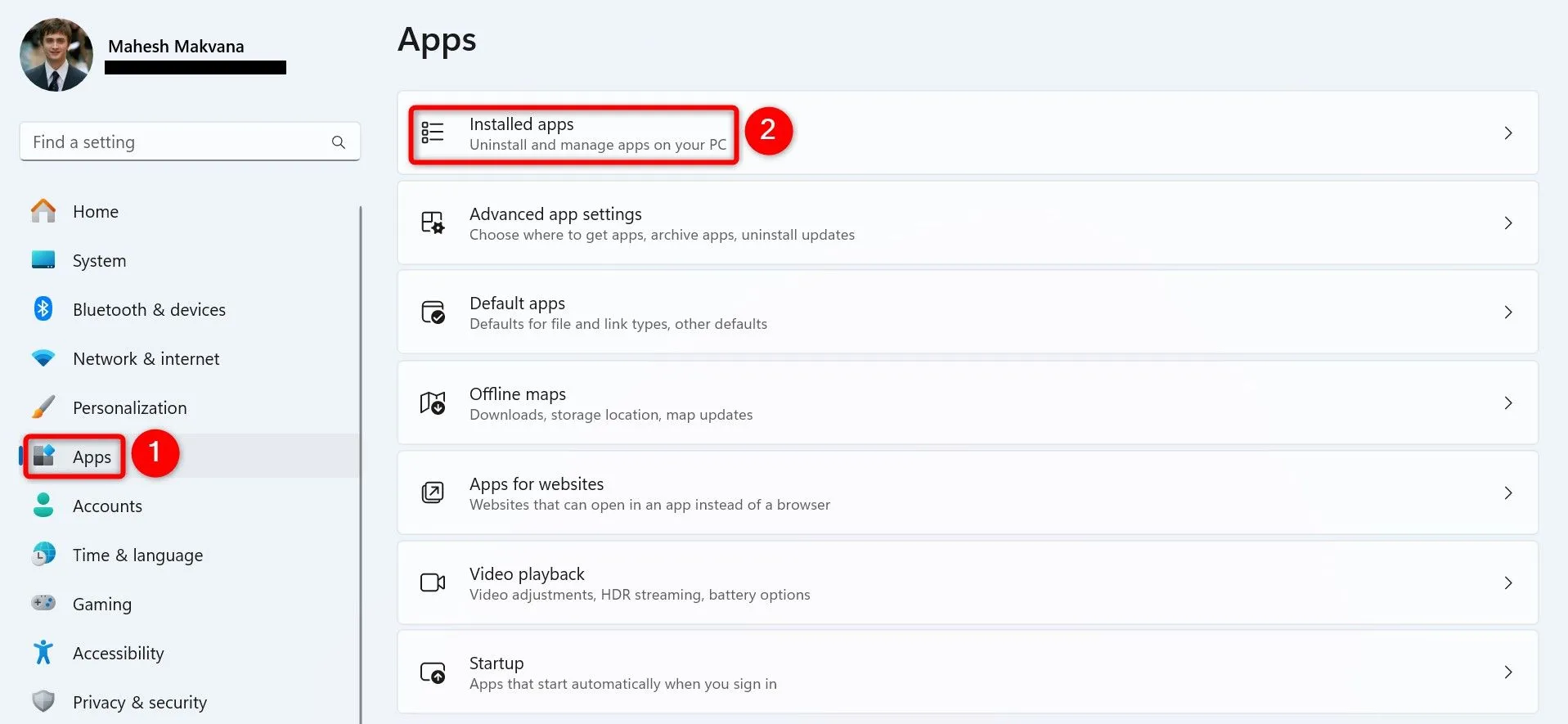 Giao diện &quot;Installed Apps&quot; trong cài đặt của Windows 11, nơi quản lý các ứng dụng đã cài đặt