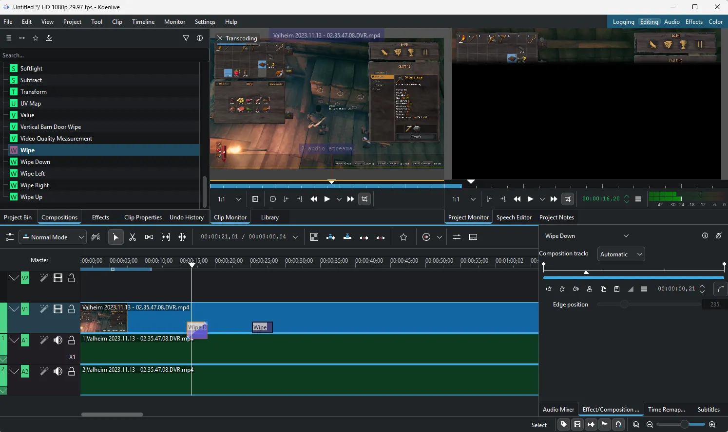 Giao diện Kdenlive đang chỉnh sửa cảnh quay game Valheim, thể hiện khả năng biên tập video