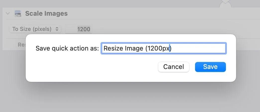 Giao diện lưu Quick Action, cho phép đặt tên cho quy trình tự động hóa mới trong ứng dụng Automator.