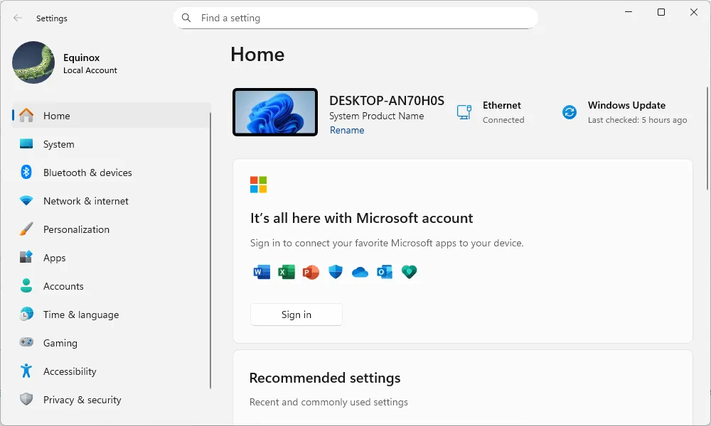 Giao diện menu Settings được thiết kế lại trên Windows 11, với bố cục hiện đại và dễ sử dụng hơn.