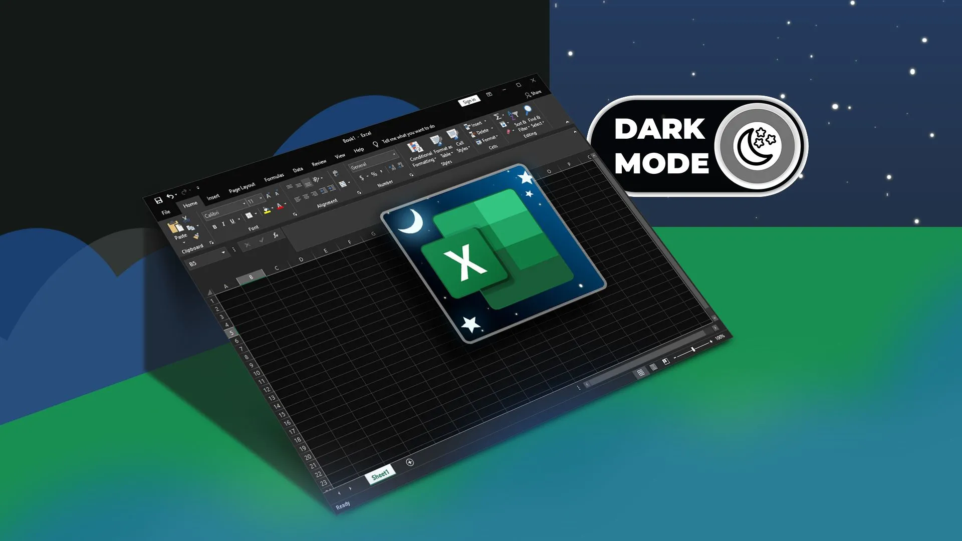 Giao diện Microsoft Excel ở chế độ tối (Dark Mode) trên Windows, với nút bật/tắt chế độ
