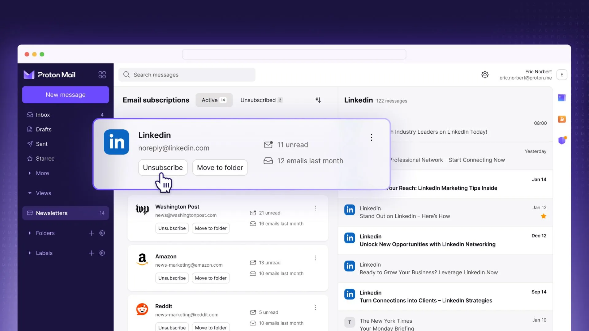 Giao diện Proton Mail hiển thị tính năng Newsletter View mới giúp quản lý và hủy đăng ký email