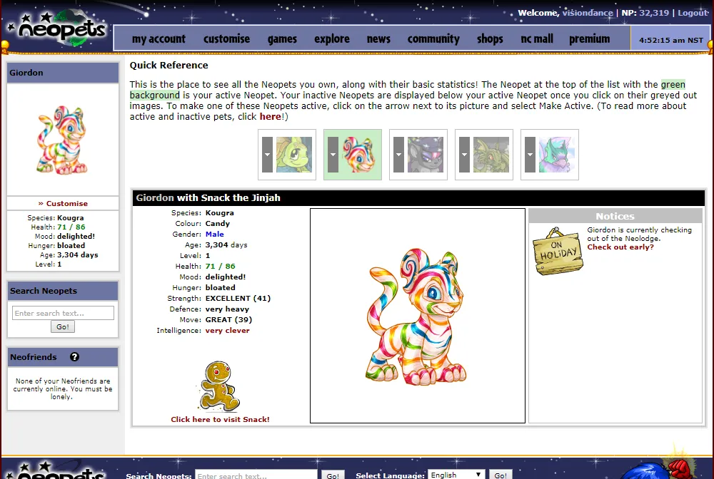 Giao diện quản lý thú cưng trên Neopets, tựa game nuôi thú ảo trình duyệt