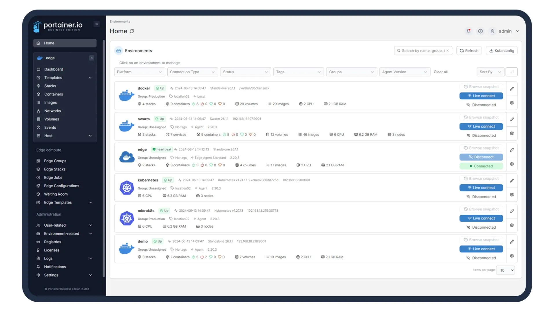 Giao diện quản lý web của Portainer, minh họa cho khả năng quản lý Docker trên headless server bằng GUI nền web