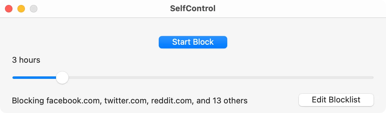 Giao diện SelfControl, ứng dụng chặn website gây xao nhãng trên Mac để tập trung làm việc