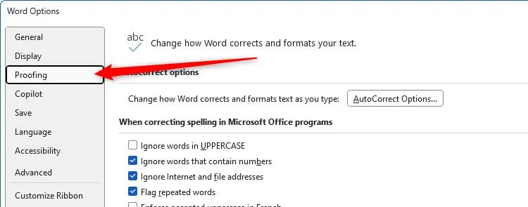 Giao diện tab &quot;Kiểm lỗi&quot; (Proofing) trong cửa sổ Tùy chọn Word (Word Options), nơi cài đặt AutoCorrect.