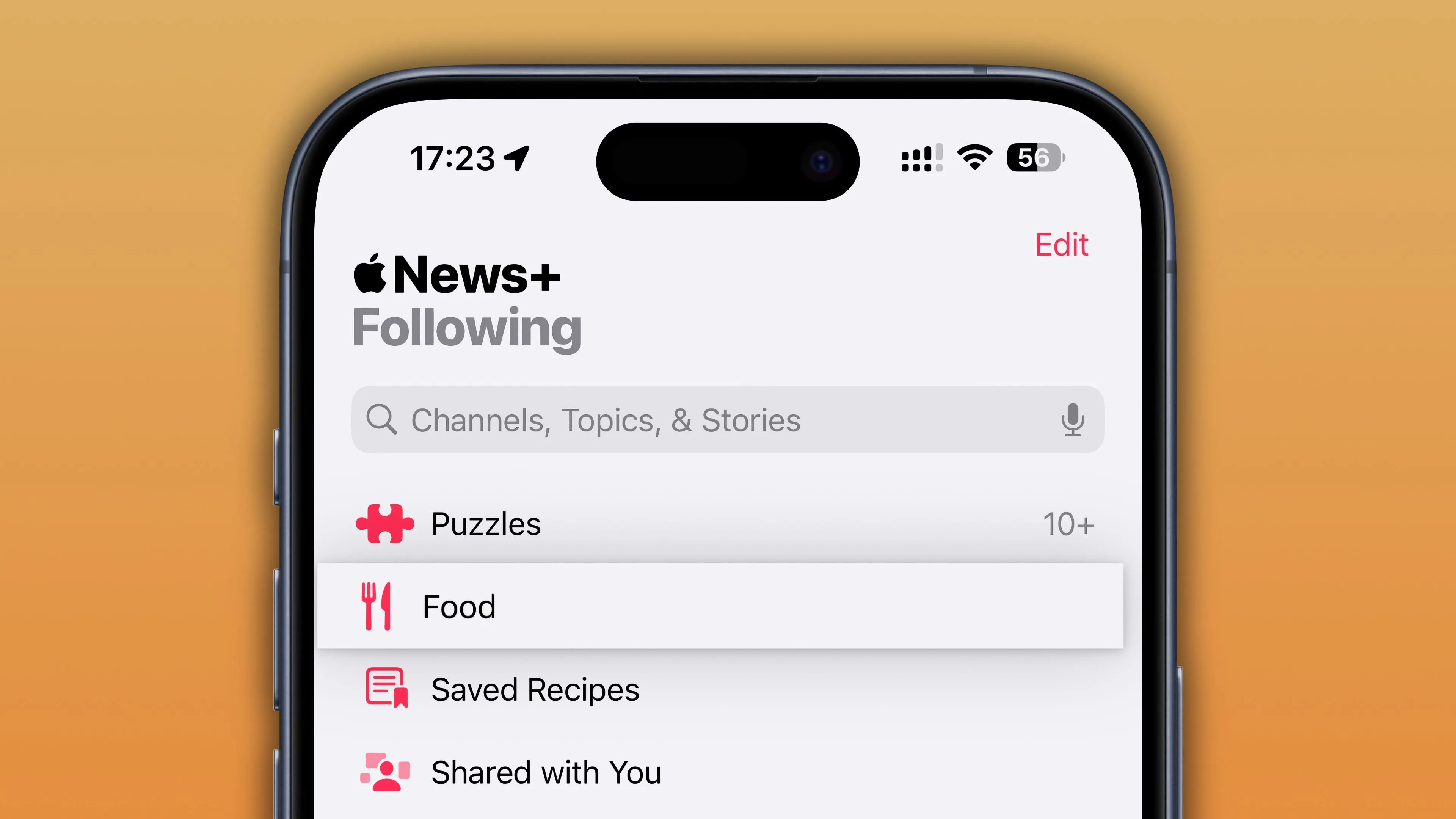 Giao diện tab &quot;Theo dõi&quot; trong ứng dụng News của iOS 18.4 với phần Food được chọn, hiển thị các công thức nấu ăn