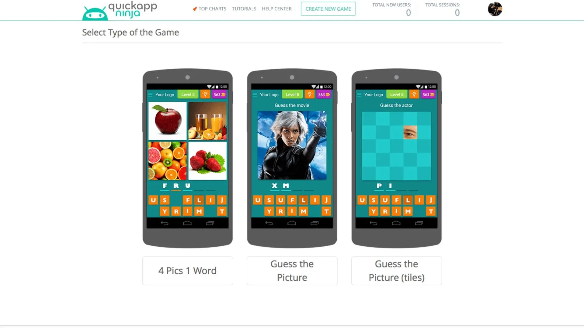 Giao diện tạo game đố vui trên QuickAppNinja cho Android