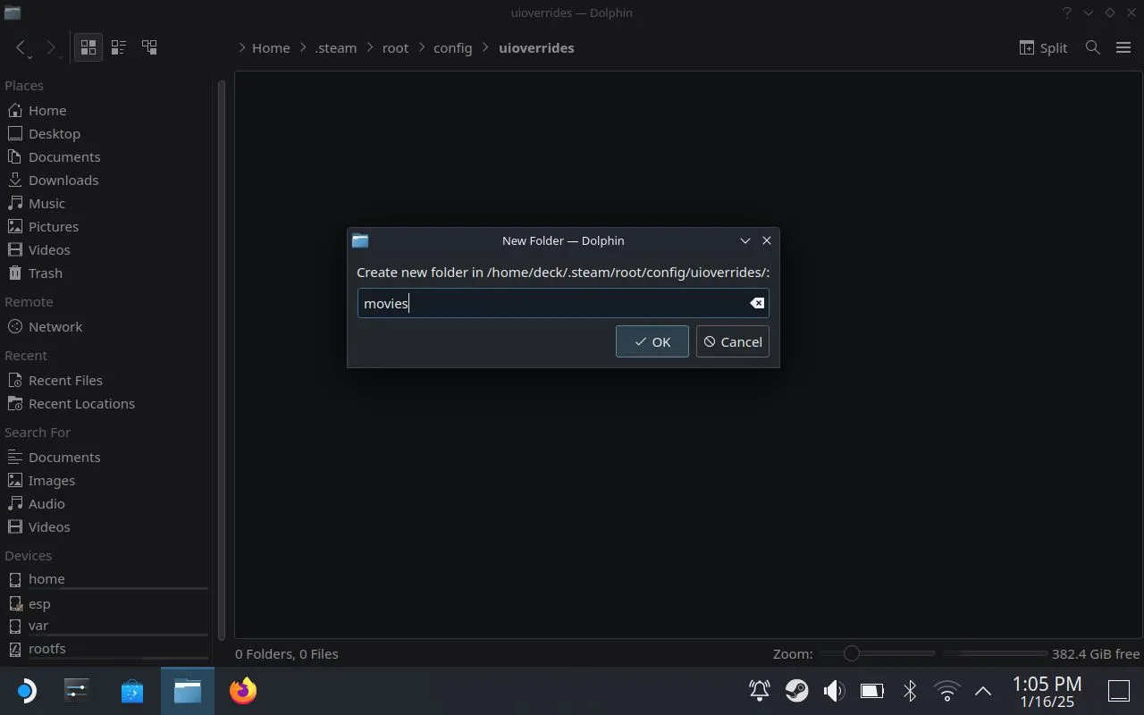 Giao diện tạo thư mục mới trong Trình quản lý Tệp trên Steam Deck, để chứa các video khởi động tùy chỉnh.