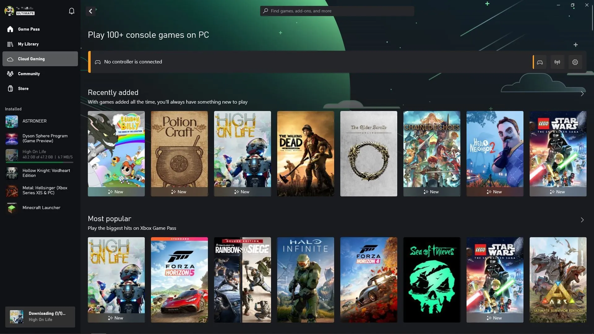 Giao diện tính năng chơi game đám mây (Cloud gaming) trong ứng dụng Xbox Game Pass trên Windows.