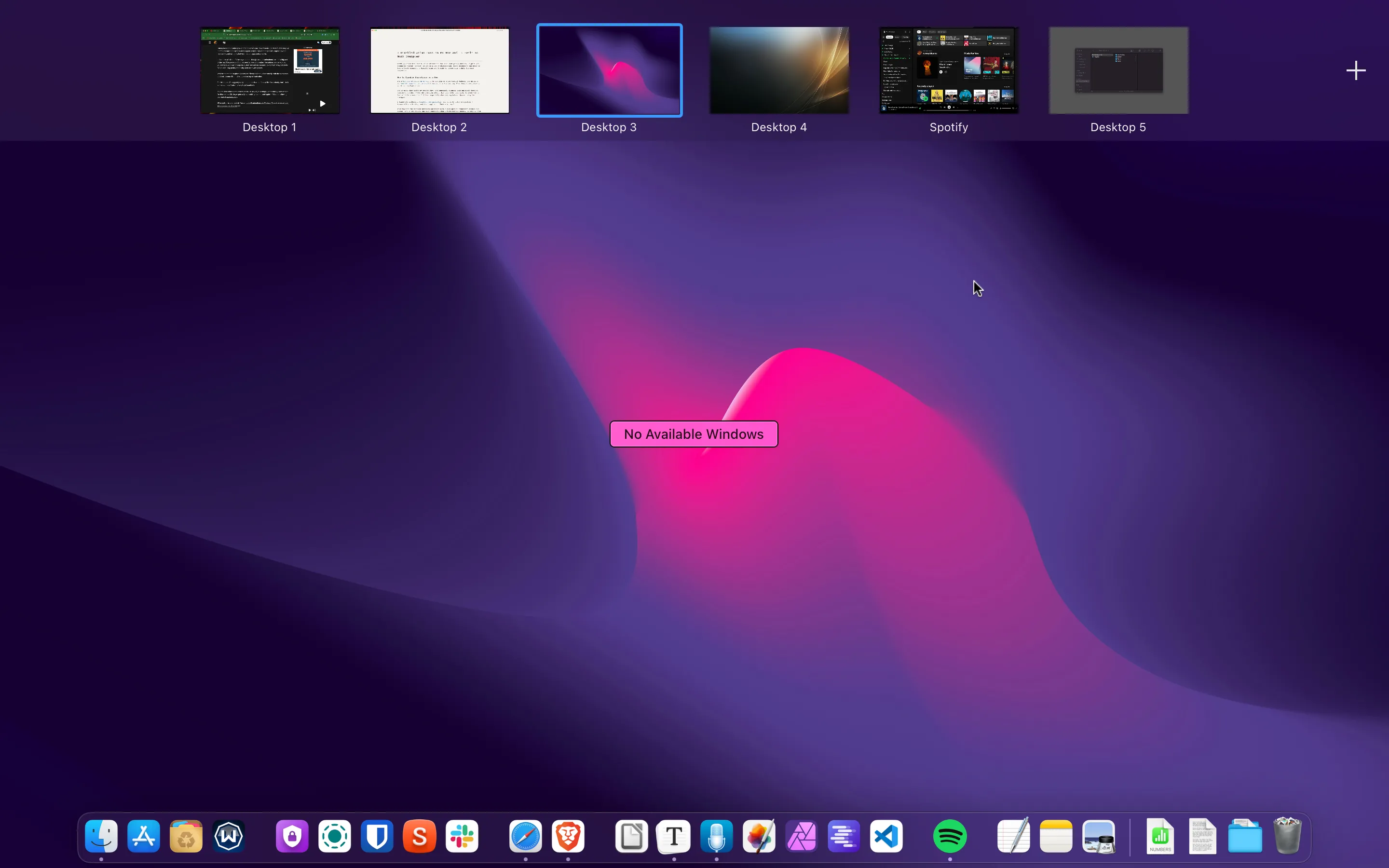 Giao diện tính năng Spaces (màn hình ảo) trong hệ điều hành macOS.