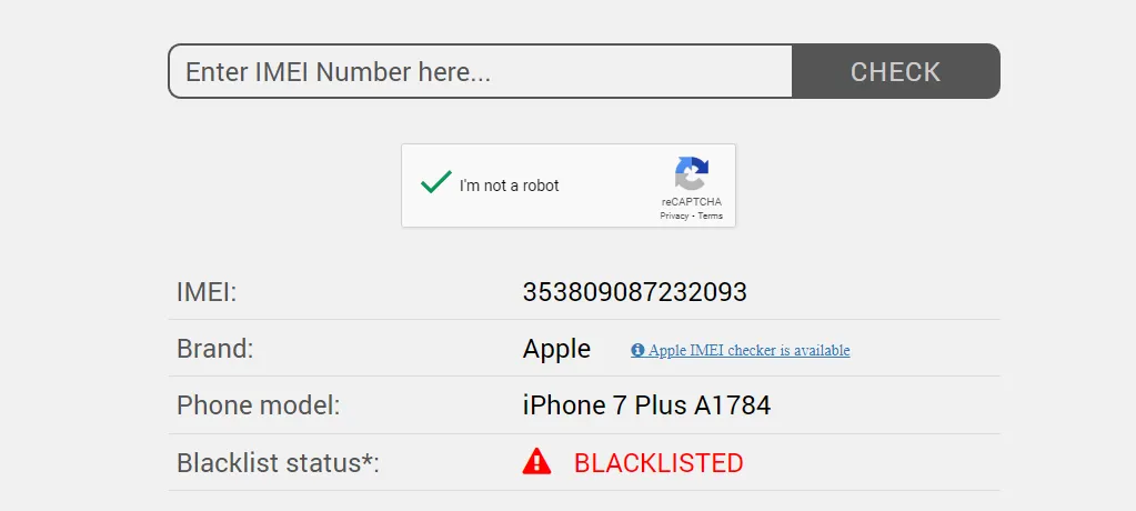 Giao diện trang web IMEIPro.info hiển thị kết quả kiểm tra IMEI, giúp xác minh tình trạng thiết bị