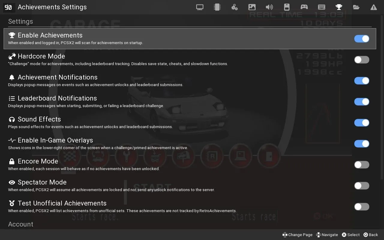 Giao diện trình giả lập PCSX2 hiển thị tính năng hỗ trợ RetroAchievements, mang đến trải nghiệm săn thành tích hiện đại cho các tựa game PlayStation 2 kinh điển.
