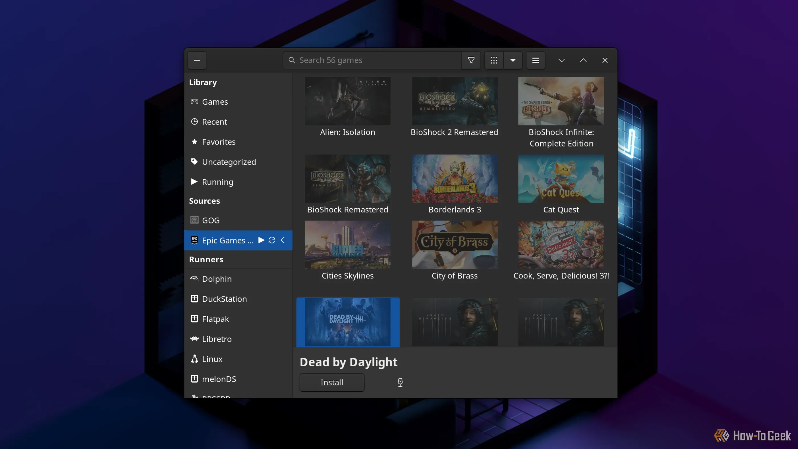 Giao diện trình quản lý game Lutris hiển thị các game đã mua từ Epic Games Store