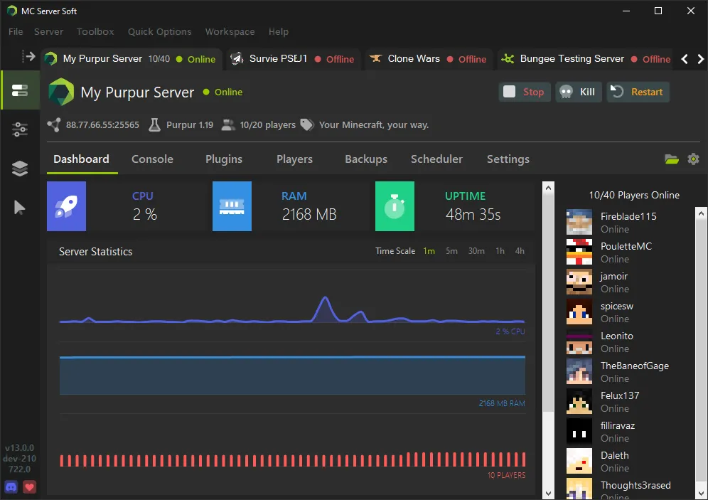 Giao diện trực quan của phần mềm MC Server Soft, hiển thị máy chủ Minecraft đang hoạt động cùng số lượng người chơi trực tuyến.