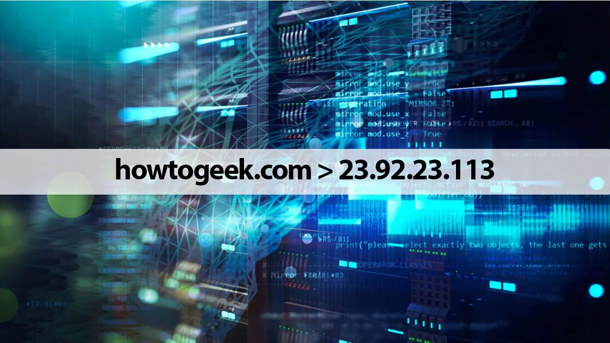 Giao diện website How-To Geek và biểu đồ DNS với phòng máy chủ phía sau