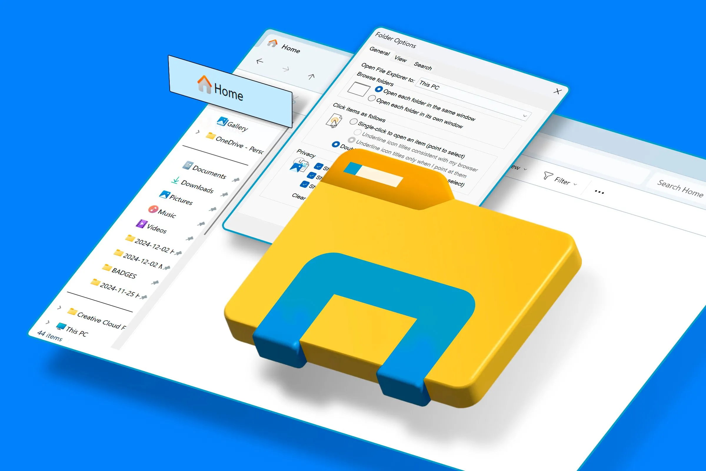 Giao diện Windows File Explorer với thư mục Home được đánh dấu