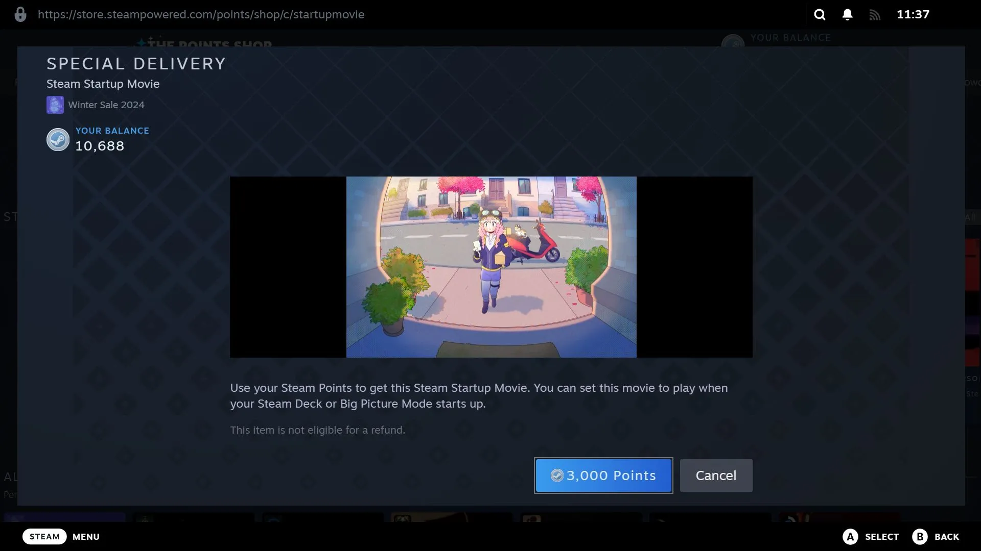 Giao diện xem trước video khởi động Steam trong Cửa hàng Điểm trước khi quyết định mua.