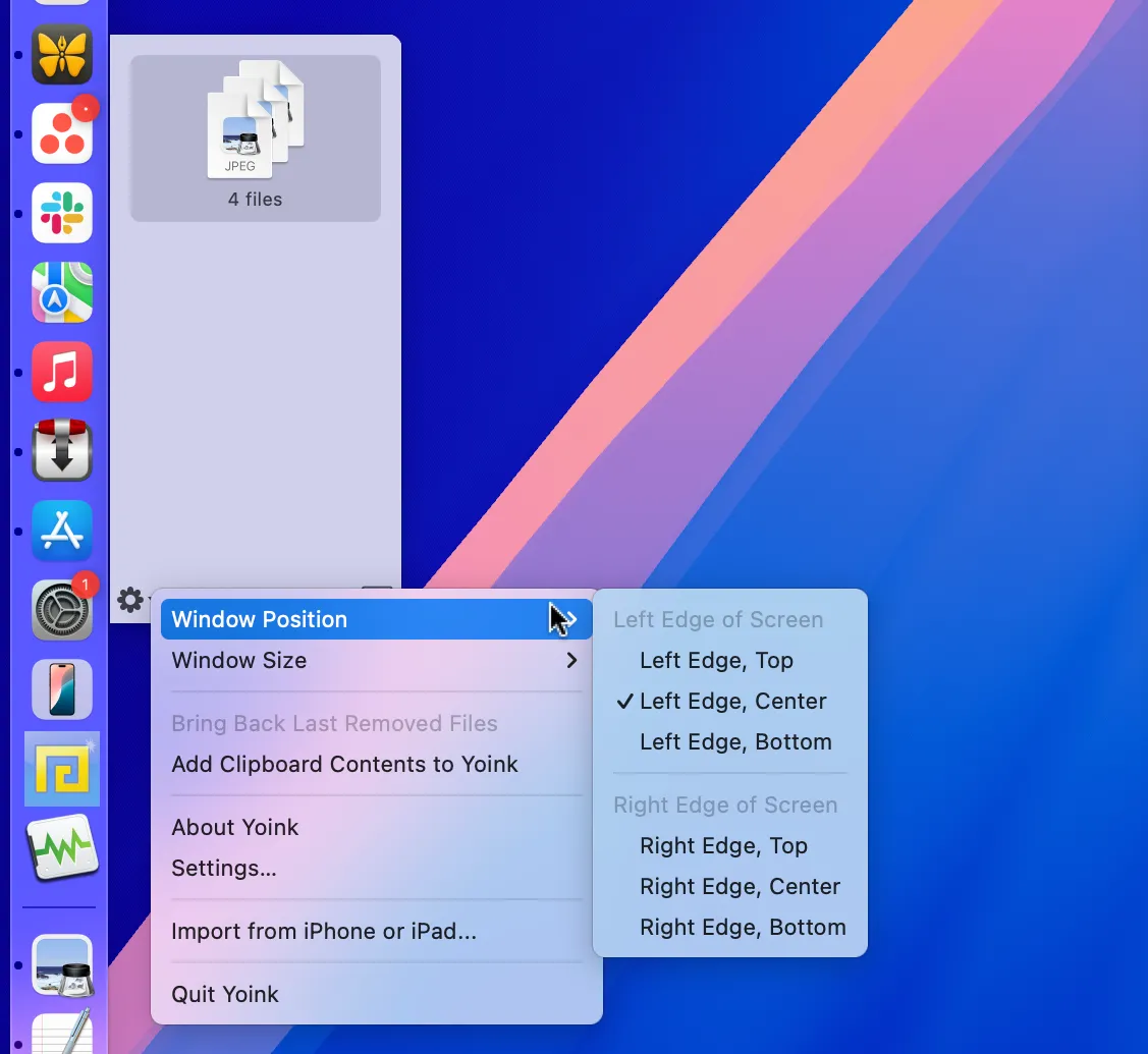 Giao diện Yoink trên macOS, hiển thị &quot;kệ&quot; ảo chứa các tập tin được kéo thả giúp quản lý file hiệu quả