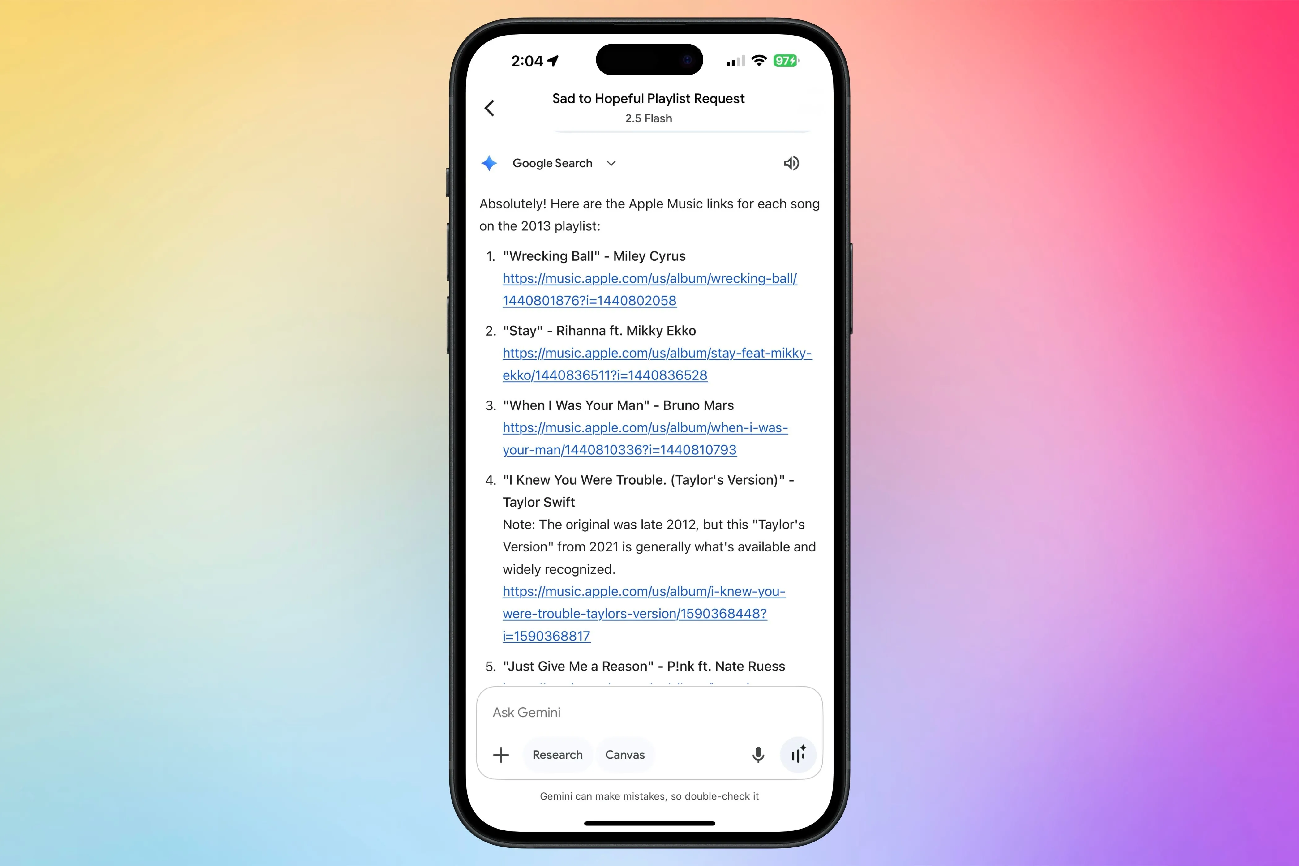 Google Gemini tạo playlist và cung cấp liên kết Apple Music