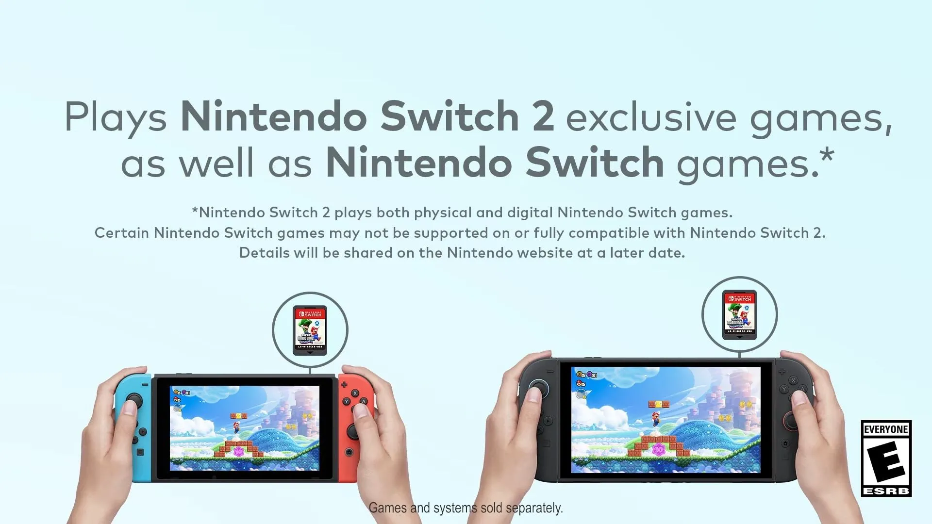 Hai bàn tay cầm Nintendo Switch gốc và Nintendo Switch 2, thể hiện khả năng tương thích ngược của băng game