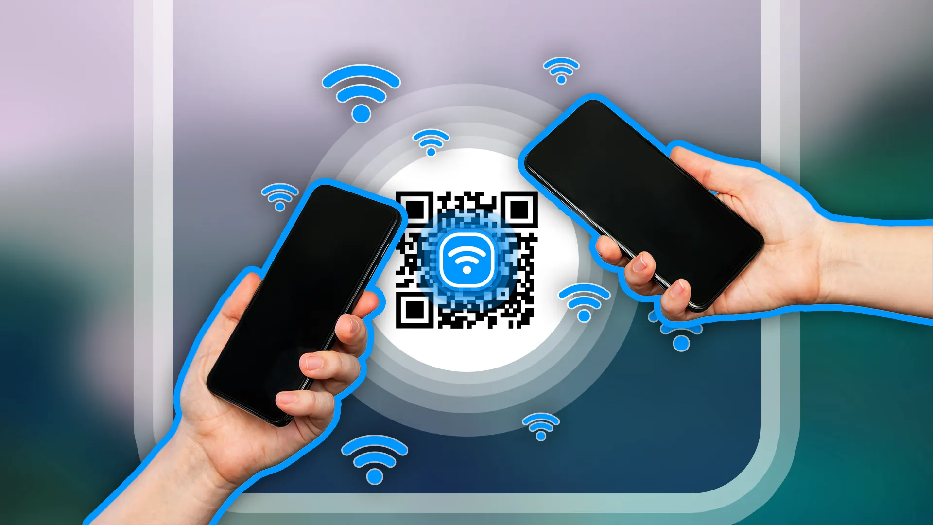 Hai bàn tay giữ điện thoại đang quét mã QR để kết nối Wi-Fi