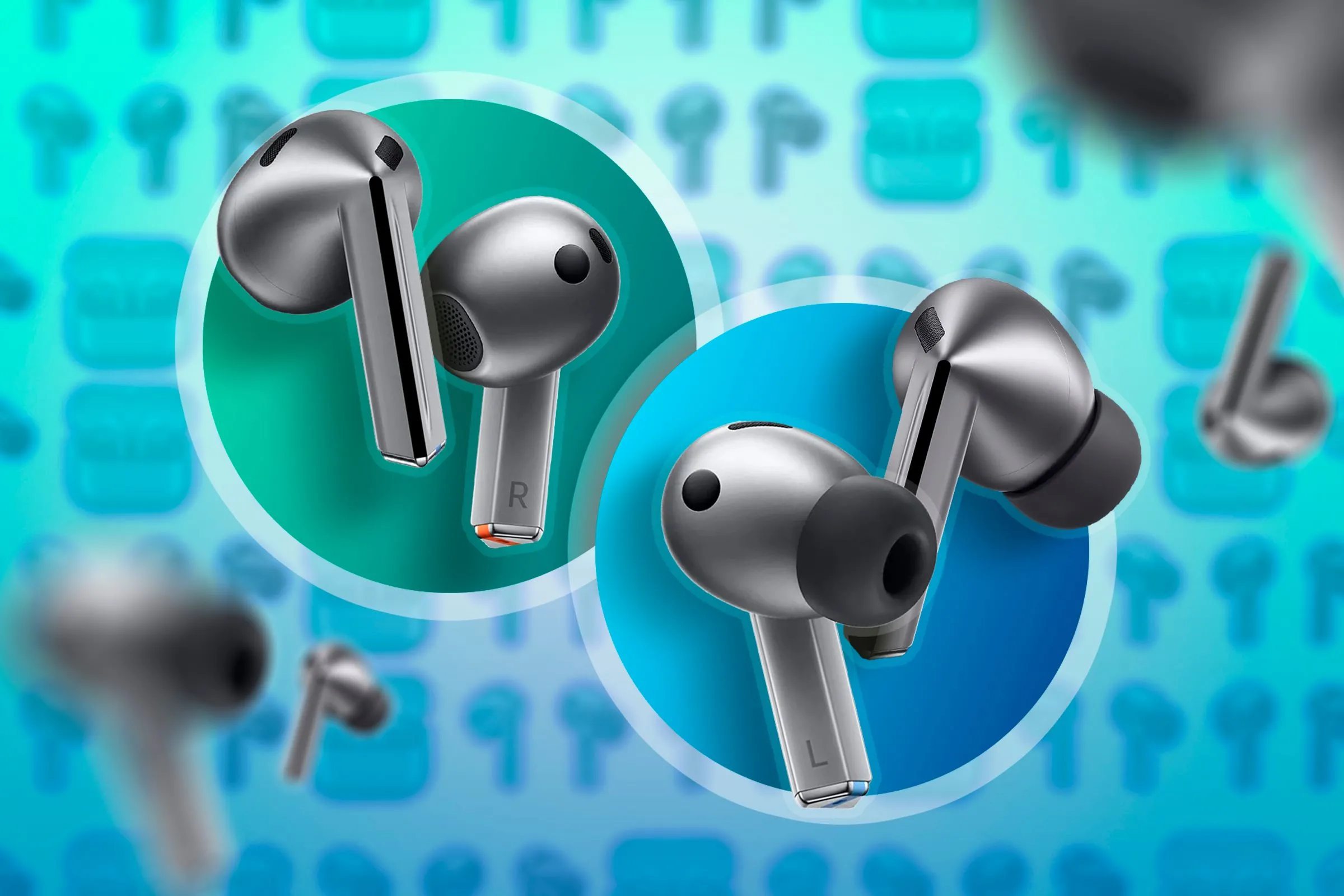 Hai cặp tai nghe Samsung Galaxy Buds 3 và Galaxy Buds 3 Pro được trưng bày cạnh nhau