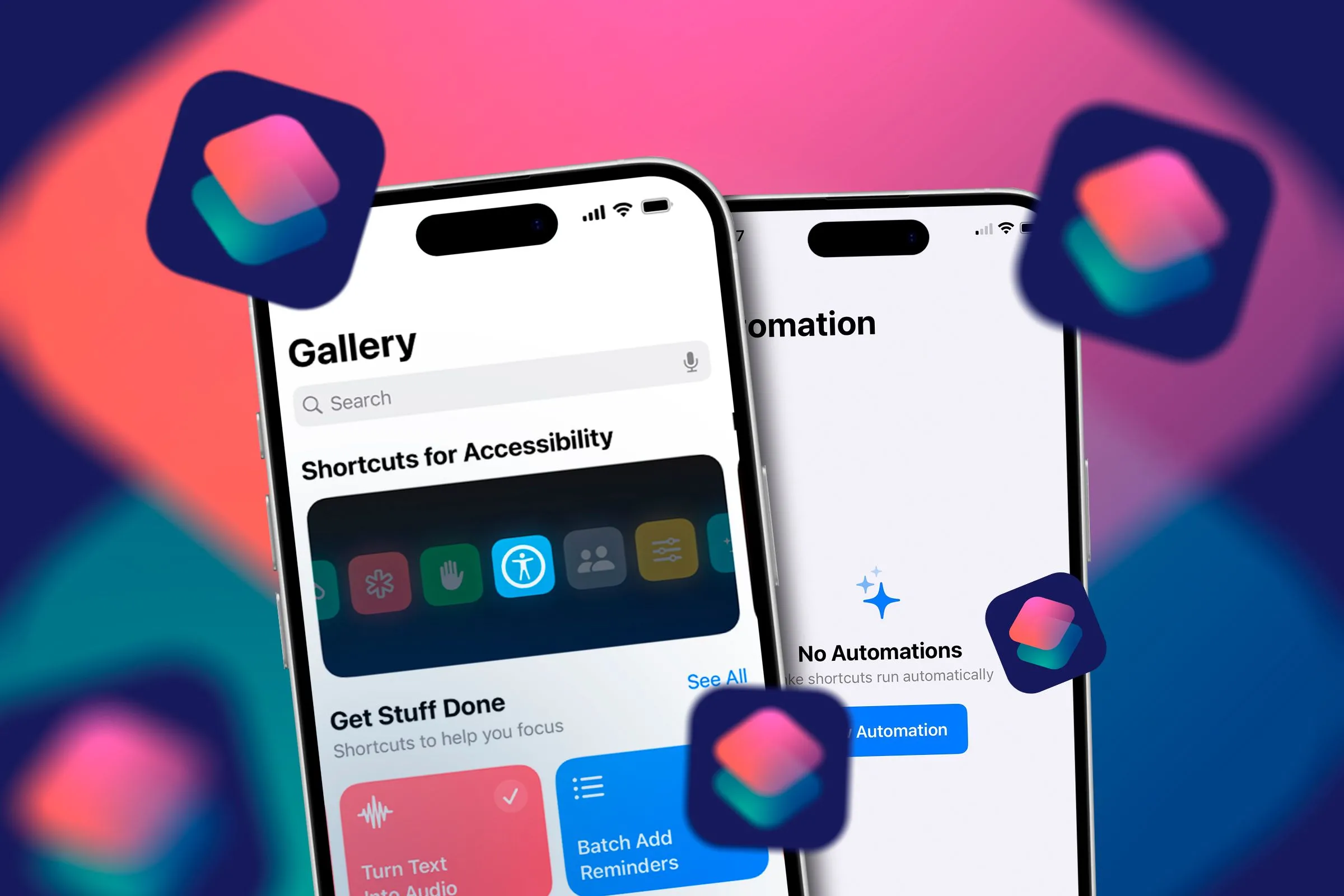 Hai chiếc iPhone hiển thị màn hình ứng dụng Phím tắt, minh họa tính linh hoạt của tự động hóa iOS