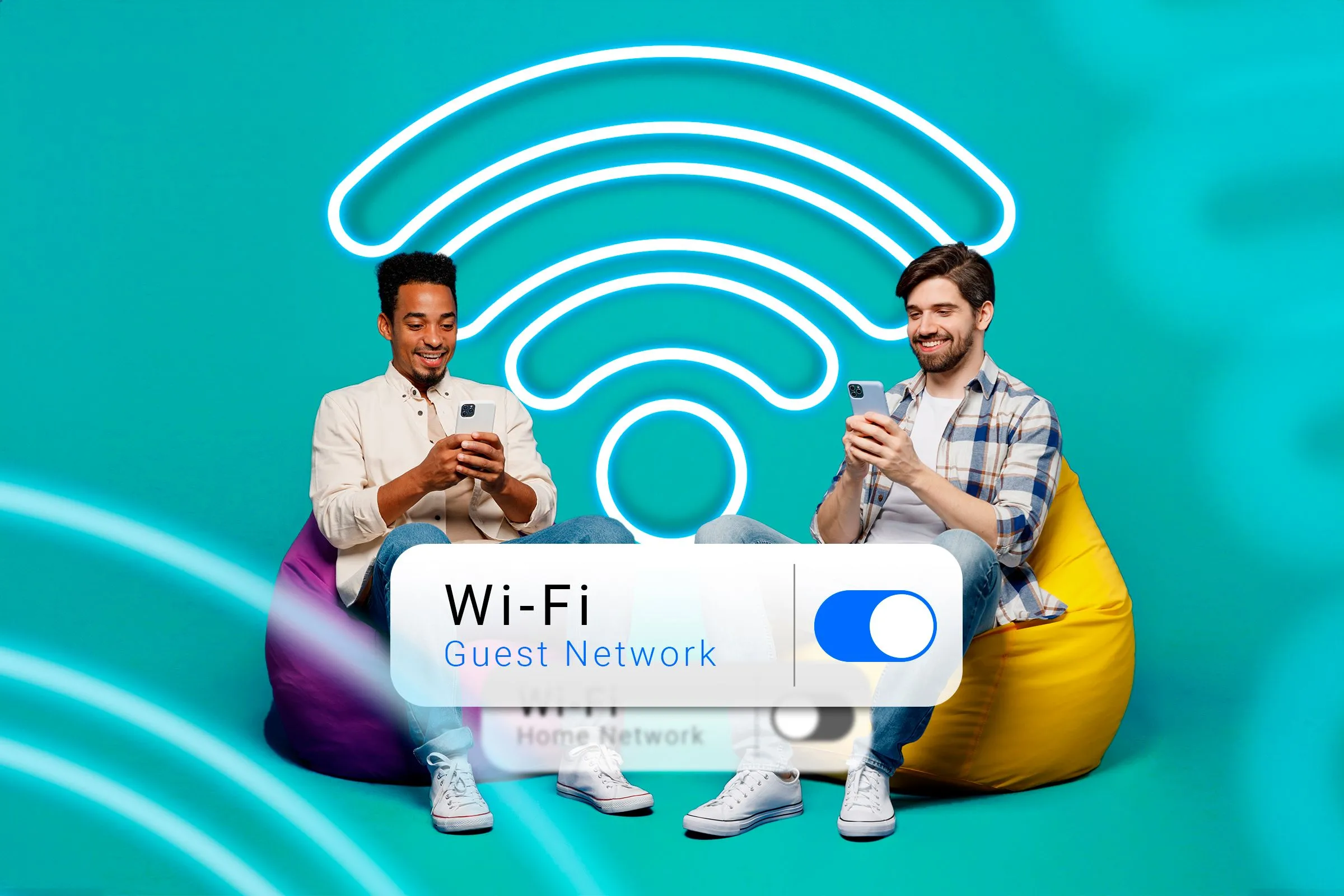 Hai người dùng điện thoại kết nối Wi-Fi, với biểu tượng mạng khách làm nổi bật tính năng chia sẻ mạng an toàn.