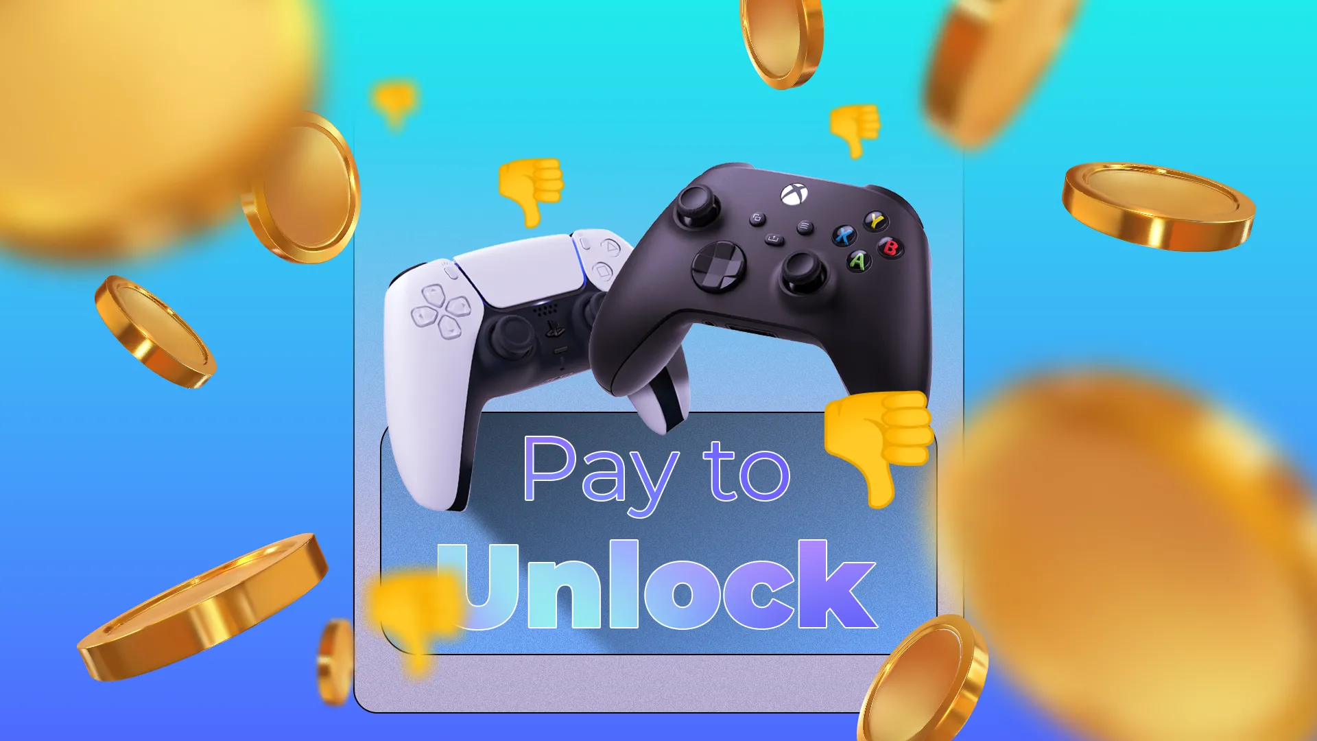 Hai tay cầm chơi game đặt trên nhãn &quot;Pay to Unlock&quot;, bao quanh là tiền xu bay và biểu tượng ngón tay cái hướng xuống, minh họa các mô hình kiếm tiền trong game