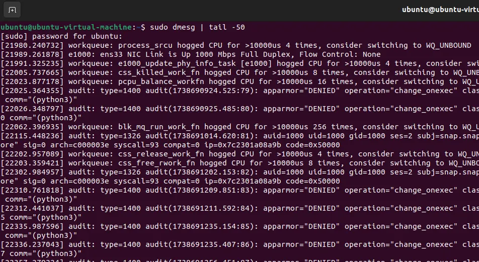 hiển thị 50 dòng thông báo hệ thống mới nhất từ lệnh dmesg trên terminal Ubuntu