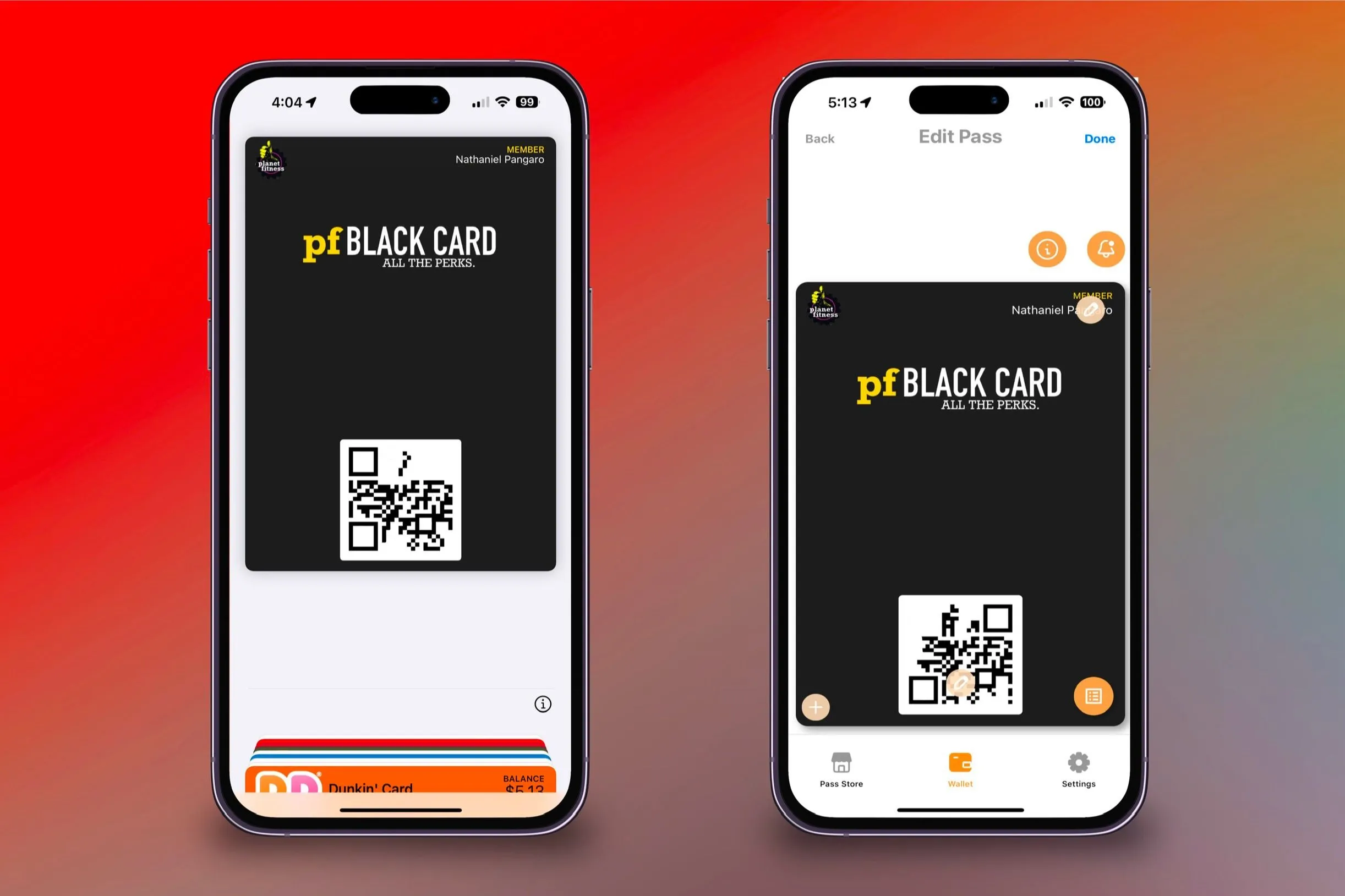 Hiển thị thẻ được tạo từ Pass2U sau khi xuất sang Apple Wallet trên iPhone, cùng khả năng chỉnh sửa thẻ đã có trong ứng dụng gốc.