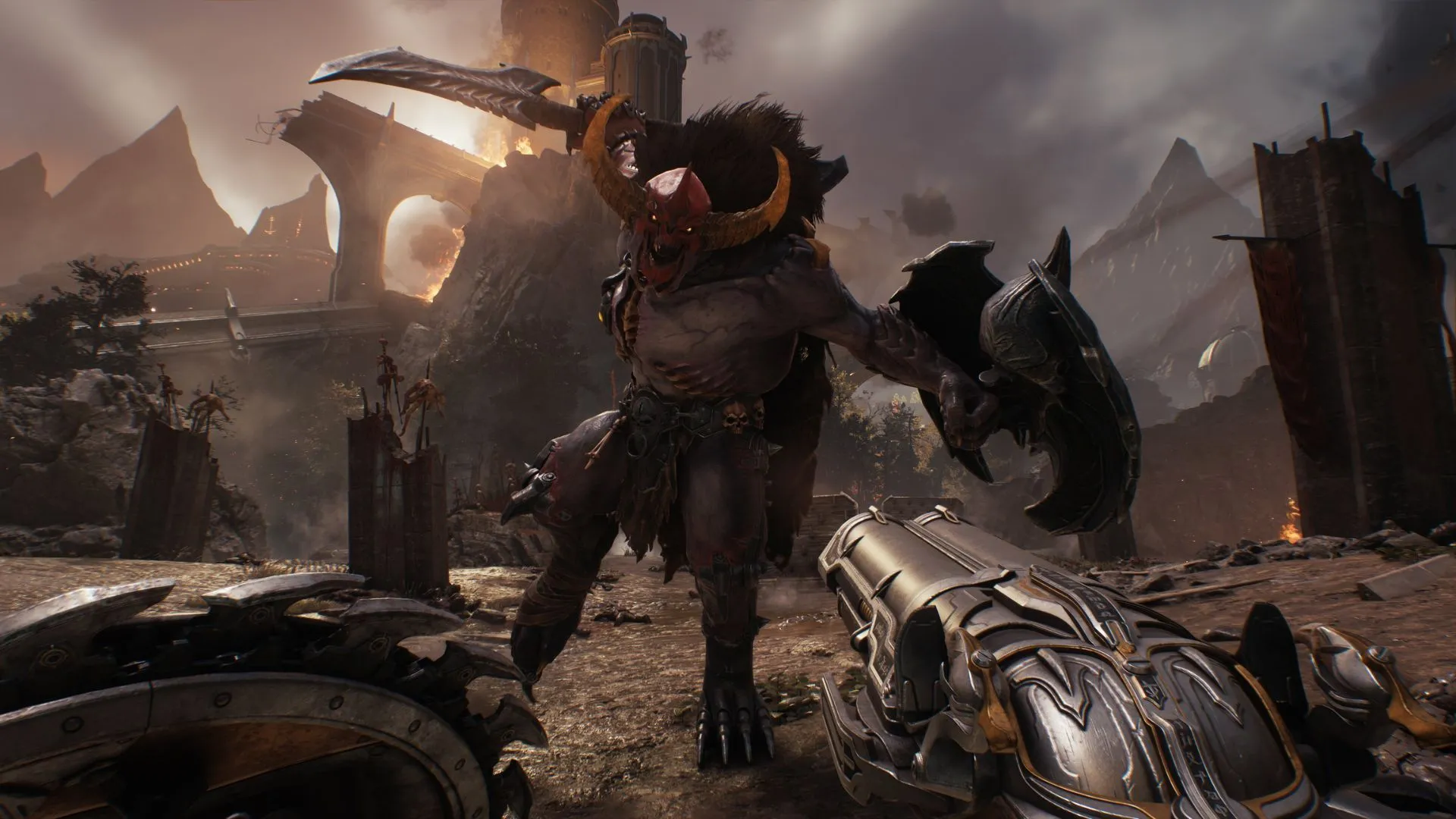 Hình ảnh gameplay DOOM: The Dark Ages với góc nhìn thứ nhất, thể hiện cảnh chiến đấu dùng shotgun và khiên trong bối cảnh trung cổ