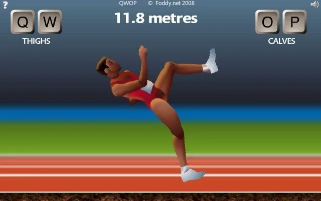 Hình ảnh gameplay game QWOP với vận động viên đang cố gắng di chuyển khó khăn