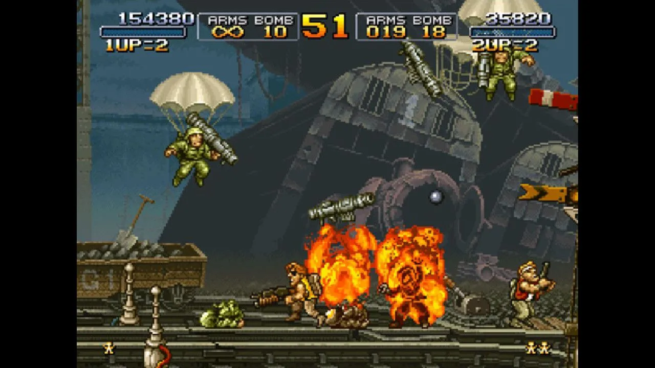 Hình ảnh gameplay sắc nét từ Metal Slug, minh họa đồ họa pixel ấn tượng và hiệu ứng cháy nổ mãn nhãn của game Run-and-Gun thập niên 90.
