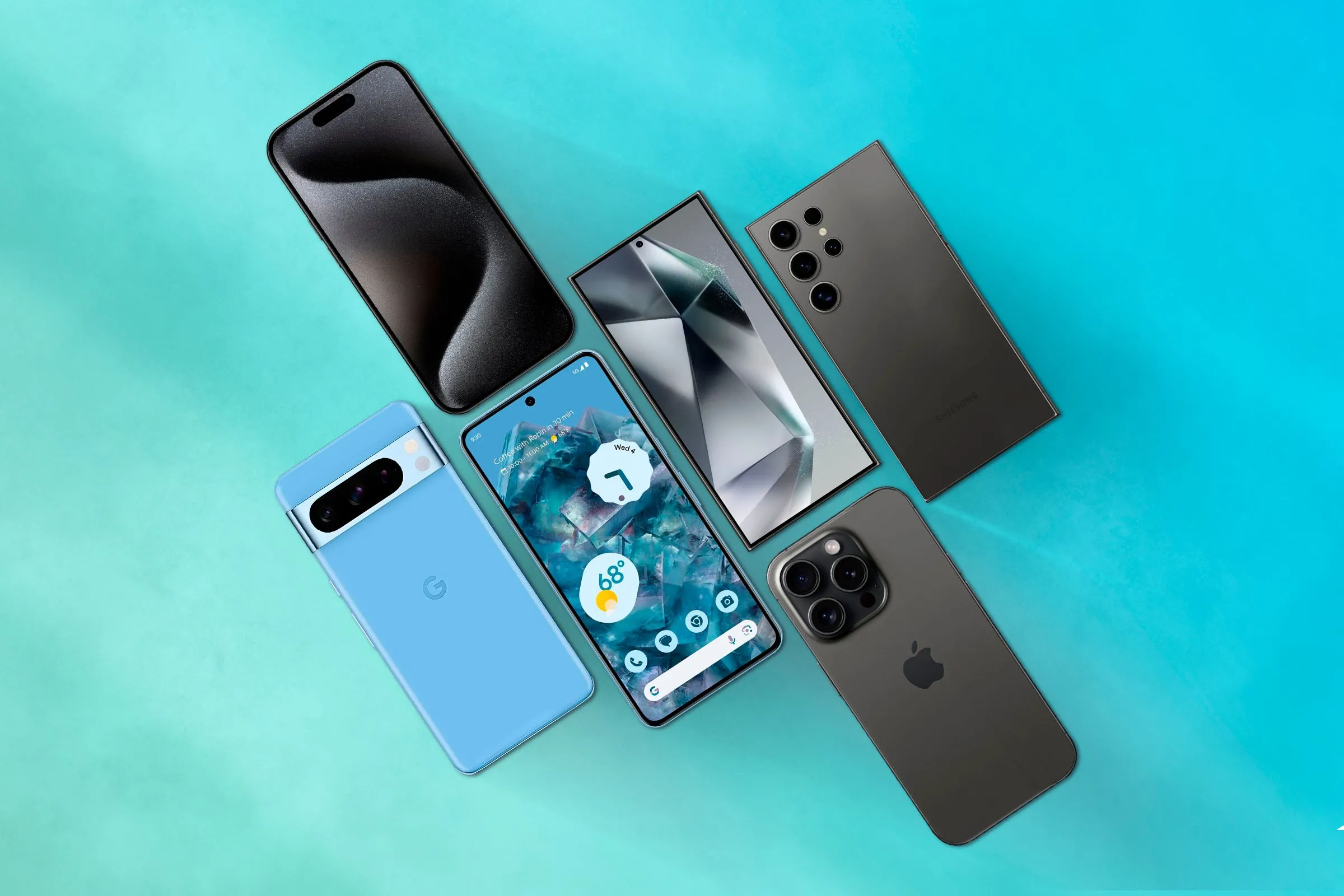Hình ảnh mặt trước và mặt sau của các smartphone flagship, thể hiện sự đa dạng thiết kế.