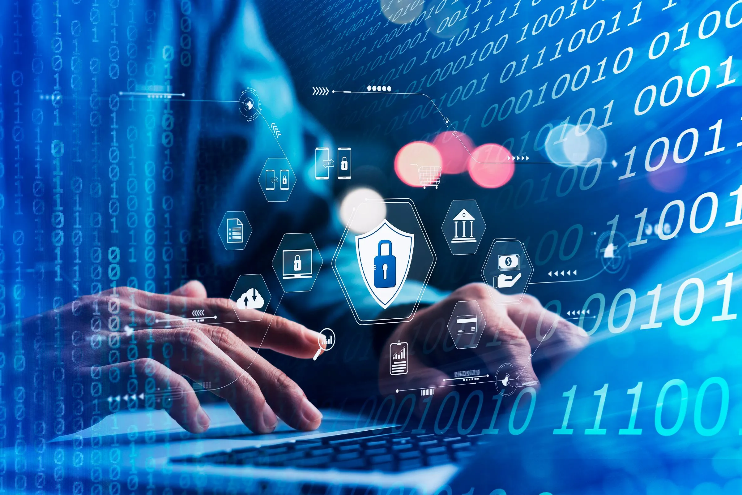 Hình ảnh minh họa mã hóa dữ liệu Wi-Fi với biểu tượng bảo mật và mã nhị phân trên laptop.