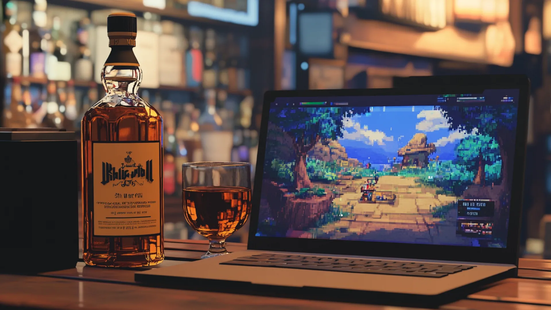 Hình ảnh pixel art minh họa MacBook chạy game bên cạnh chai Whiskey, ám chỉ công cụ tương thích game