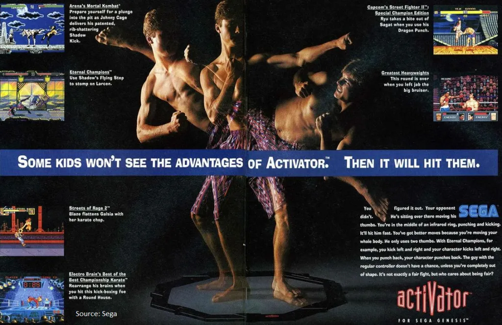 Hình ảnh quảng cáo bộ điều khiển chuyển động Sega Activator với vòng cảm biến.