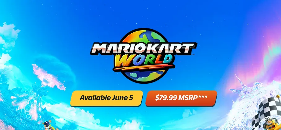 Hình ảnh quảng cáo game Mario Kart World cho Nintendo Switch 2 với giá 79.99 USD, minh họa vấn đề giá game cao trên nền tảng Nintendo.