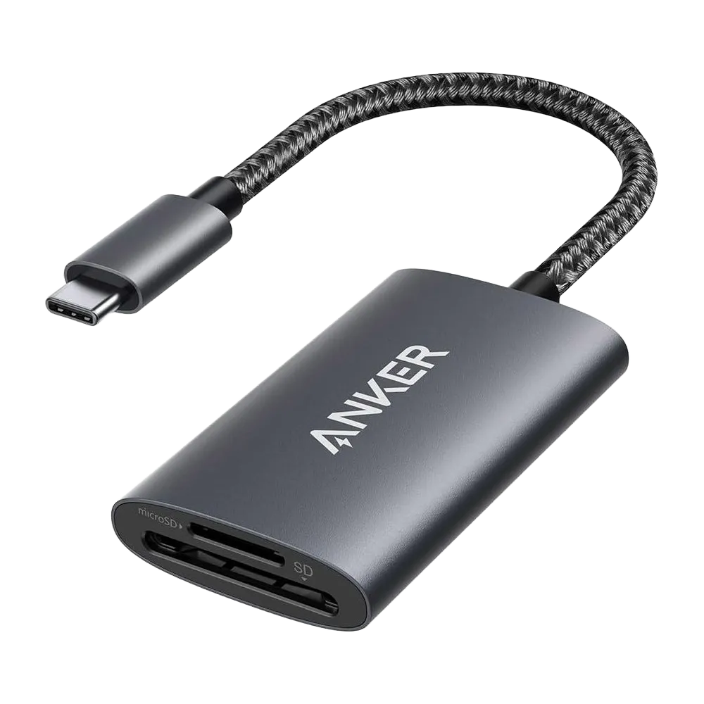 Hình ảnh sản phẩm Anker PowerExpand+ 2-in-1 Card Reader với các khe cắm thẻ SD và microSD.