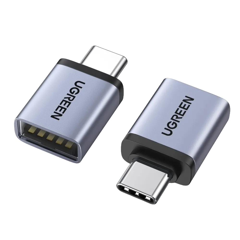 Hình ảnh sản phẩm UGREEN USB-C to USB-A Adapter 10Gbps minh họa các tính năng và cổng kết nối.
