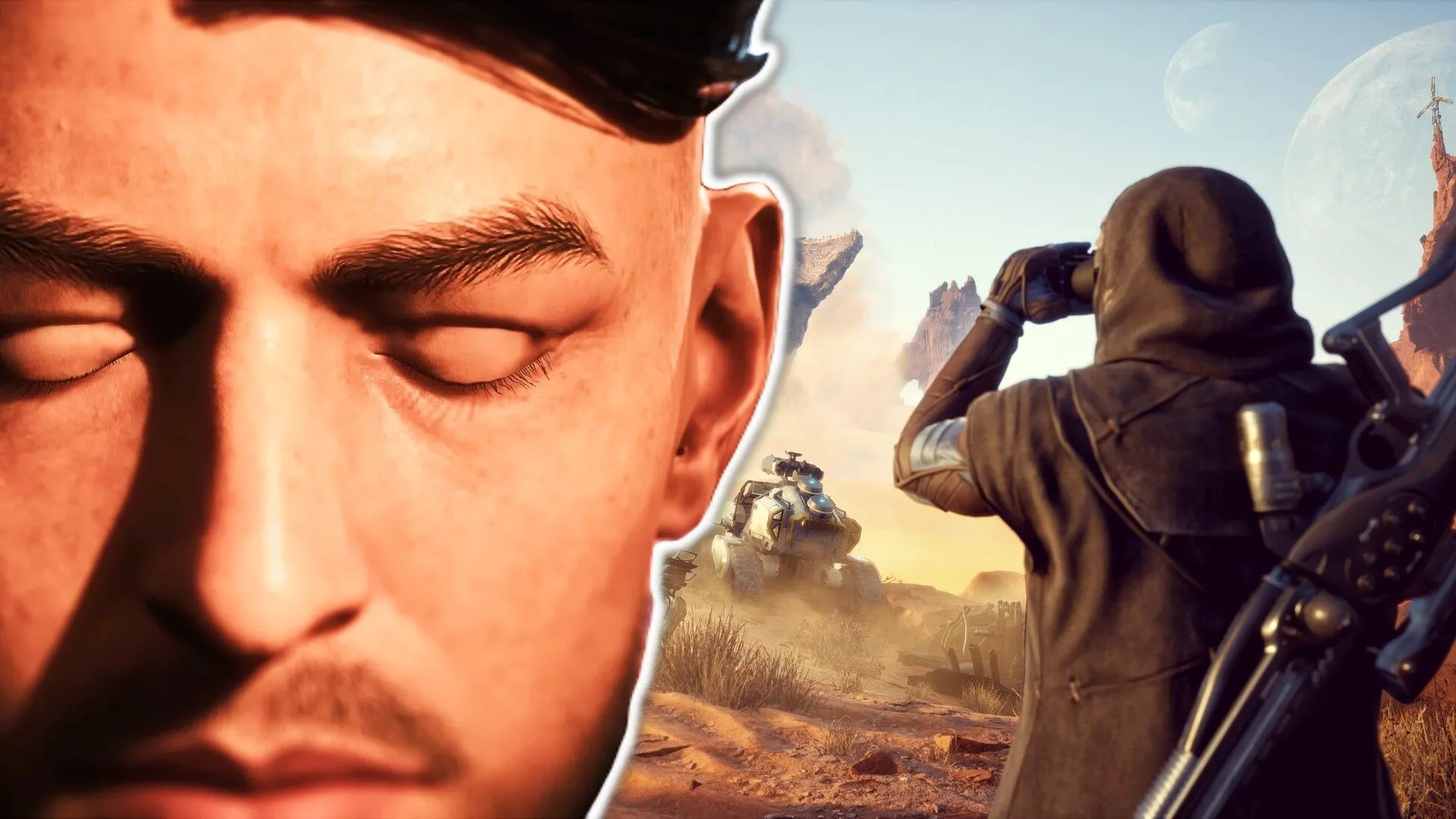 Hình ảnh từ game Dune: Awakening với nhân vật nam nhắm mắt, cạnh một người dùng ống nhòm.