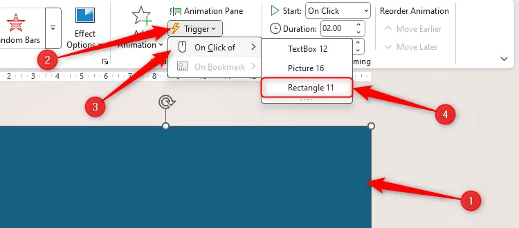 Hình chữ nhật được chọn trong PowerPoint, và tùy chọn Hình chữ nhật 11 được chọn trong menu Khi nhấp vào trong menu thả xuống Trình kích hoạt